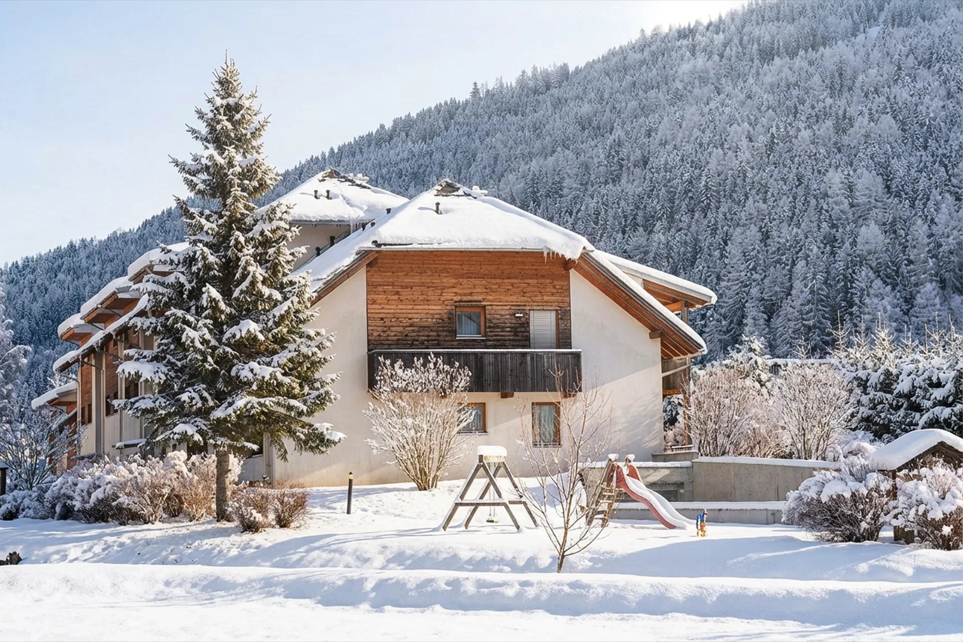 Außenansicht des Wohnhauses der Ferienwohnung Holländer im Winter mit Schnee, großem Tannenbaum und verschneitem Bergpanorama in Kärnten – Außenfotografie Ferienwohnung Winter